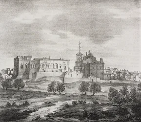 Vista oeste de Mesagne, Apúlia, Itália, litografia de Salvatore Puglia de Poliorama Pittoresco, n 47, 29 de Junho