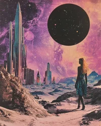 Mulher na paisagem urbana cósmica