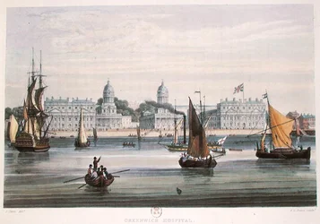 Greenwich Hospital, gravada por R.G. Reeve (fl.1811-37) 1828 (gravação a cores)