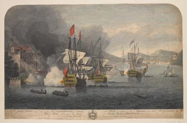 Tomada de Porto Bello pelo Adml: Vernon Novr: 22d. 1739 (gravura em linha, colorida)