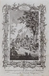 Alfred, disfarçado na personagem de um Harper, vendo o acampamento dinamarquês (gravura)