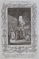 Dunstan arrastando o Rei Edwy do seu Consorte, a Rainha Ethelgiva no seu Dia de Coroação (gravura)