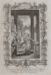 O Gênio da História atendido pela Liberdade, Virtude e Religião, depositando a História da Inglaterra no Templo de Honra e Imortalidade (gravura)