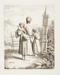 Mendiga com duas crianças diante de uma imagem da Madona a caminho do Tirol