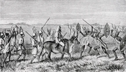 O Começo de M&39;rooli para o Lago com a Escolta Satânica de Kamrasi, de &39;O Albert N&39;yanza, Grande Bacia do Nilo e Explorações das Fontes do Nilo&39;, 1866