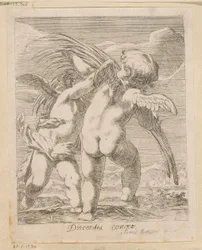 Dois putti discutindo sobre um galho de palmeira Discordia Concors (título no objeto) Vários designs (título da série) Opera Varia Historica, Poetica & Iconologica (título da série)