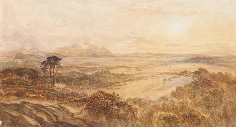 Pôr do sol olhando para Edimburgo do noroeste (aquarela)