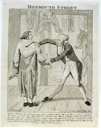 Monmouth Street, uma caricatura de um vendedor de roupas antigas, gravada por J. Cooke, 1789