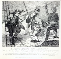 Navegando entre as Hébridas de "Pitorescas belezas de Boswell, parte o primeiro", gravado por Thomas Rowlandson, 1786