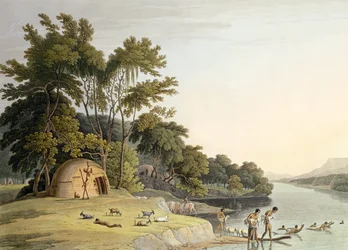 Aldeia Hottentot de Korah, na margem esquerda do Rio Orange, placa 1 de &39;African Scenery and Animals&39;, gravada pelo artista, 1804 (aquatint)