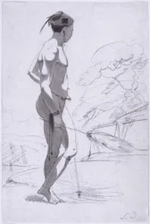 Tswana Man Holiding um fã de penas de avestruz em uma paisagem, c.1802 (grafite e lavagem no papel)