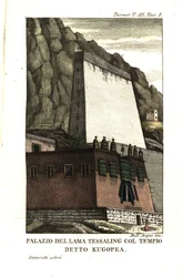 Moradia do Lama Tessaling com o edifício religioso chamado Kugopea. Ilustração do Tenente Samuel Davis, do Capitão Samuel Turner (1759-1802), "Account of an Embassy to the Court of the Teshoo Lama in Tibet", 1800. Gravura em cobre de Dell