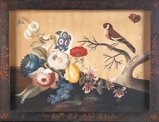 Pintassilgo, com borboleta-do-campo laranja