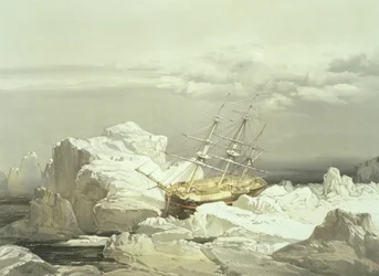 Posição crítica do HMS Investigator na costa norte da ilha de Baring, em 20 de agosto de 1851, gravada por William Simpson, publicada por Ackermann und Co., 1854