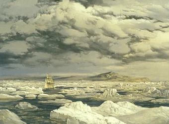 Primeira descoberta de terras pelo HMS Investigator, 6 de setembro de 1850, gravada por E. Walker, 1854
