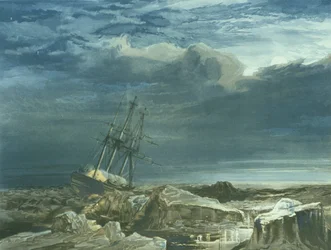 H.M.S. Investigator no gelo compacto, 8 de Outubro de 1850, gravado por E. Walker, publicado em 1854