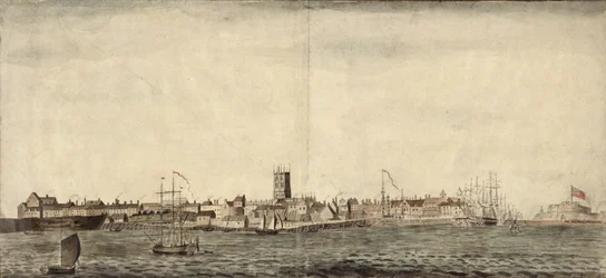 South-east View of Kingston upon Hull (caneta, tinta e lavagem sobre papel)