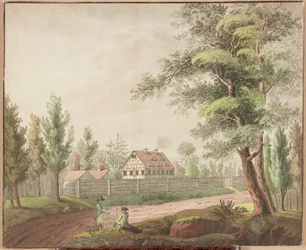 Paisagem (caneta e tinta e aquarela no cartão)