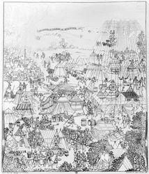 O acampamento do rei Henrique VIII em Marquison, julho de 1544, gravado por James Basire, 1788