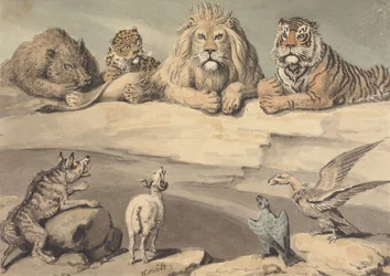 Um javali, um leopardo, um leão, um tigre, um lobo, um carneiro e duas águias