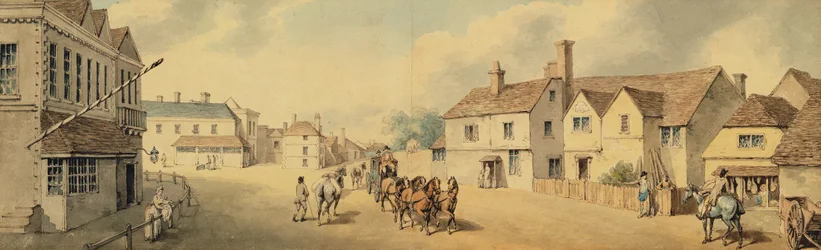 Um treinador e quatro passando por Chippenham, Wiltshire (caneta e tinta no papel)