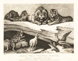 Um processo judicial entre animais, com leão e tigre como juízes. 1811 (gravura)