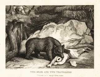 Um viajante de turbante se finge de morto enquanto é atacado por um urso. 1811 (gravura)