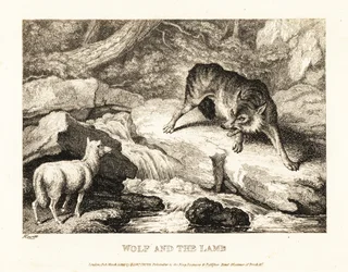 Um lobo a tentar justificar a morte de um cordeiro perto de um rio. 1811 (gravura)