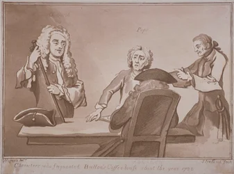 Quatro homens, redondo, um, tabela, em, Button&39;s, café, casa, ligado, russell, rua, westminster, c.1720, (aquatint)