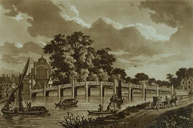 Ponte da corte de Hampton, ilustração "das vistas pitorescas do rio Tamisa", bar. 1799 (gravura, aquatinta)