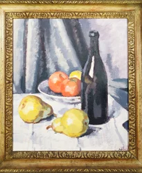 Maçãs, peras e uma garrafa preta sobre uma mesa drapeada, c.1928