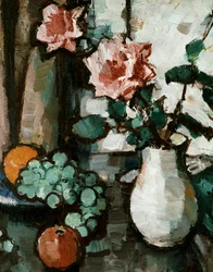 Natureza morta de rosas e frutos. Natureza morta de rosas e frutas. Pintura de Samuel John Peploe (1871-1935 britânico) Coleção particular