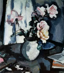 Natureza morta com rosas num vaso . Pintura de Samuel John Peploe (1871-1935 Britânico) Coleção Privativa