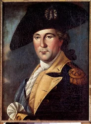 Retrato de George Washington (1732-1789) representante em traje de George Washington (1732-1789) representante em traje geral, com o lenço de comandante-chefe do exército continental - Pintura de Samuel King (1748-1819)