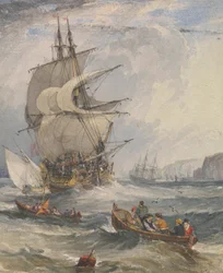 Navios à vela e pequenos barcos no mar encrespado ao largo da costa
