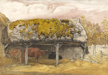 A Cow Lodge com um telhado musgoso, c.1829 (caneta e tinta com aquarela e guache no papel)