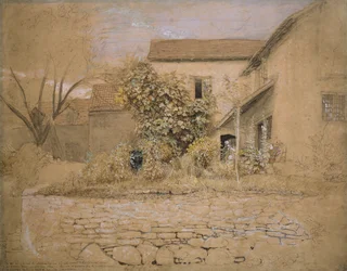 Uma casa e jardim em Tintern, 1835 (caneta e tinta, wc e bodycolour sobre grafite e giz preto sobre papel cor-de-rosa)