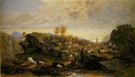 Rústicos com Ovelhas e Cabras numa Paisagem Rochosa (aguarela sobre lápis de cor sobre papel arábico com goma arábica)