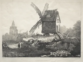 Uma série de edifícios antigos e casas rurais no norte da Inglaterra: em Crowland, moinho de vento