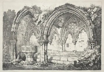 Uma série de edifícios antigos e casas rurais no norte da Inglaterra: parte da abadia de Kirkham