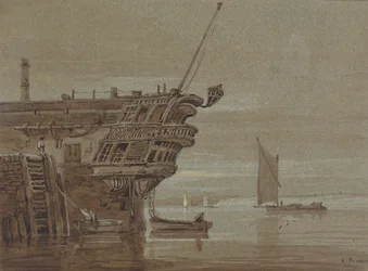 Um navio das Índias Orientais amarrado, pequenos barcos ao lado, outros barcos mais afastados