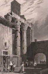 Colunas do Templo de Marte Ultor, Roma, Lácio, Itália, gravura em aço de Samuel Prout (1783-1852) desenho, cerca de 15x115 cm