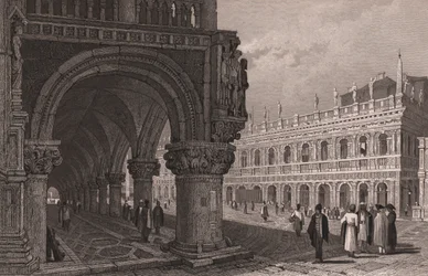 Previsão da arcada do Palácio Doge (Palazzo Ducale) com vista para a Praça de São Marcos e Palácio da Biblioteca, Veneza, Veneto, Itália, gravura em aço após desenho de Samuel Prout (1783-1852), cerca de 15x11,5 cm