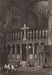 Iconostasia na Basílica de São Marcos (Basílica de São Marco), Veneza, Veneto, Itália, gravura em aço após desenho de Samuel Prout (1783-1852), cerca de 15x11,5 cm