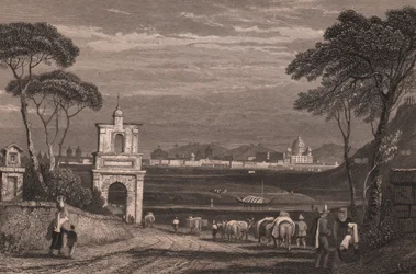 Roma com a cúpula da Basílica de São Pedro à direita, Lácio, Itália, gravura em metal aço a partir de desenho de Samuel Prout (1783-1852), ca. 15x115 cm