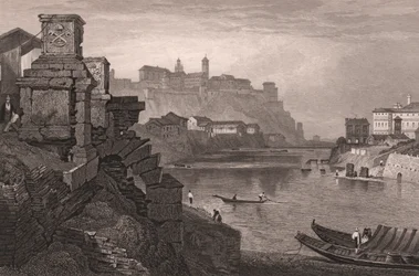 O rio Tiber com o Monte Aventine ao fundo, Roma, Lácio, Itália, gravura de aço de desenho de Samuel Prout (1783-1852), cerca de 15x115 cm