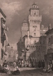 Vista de Castello Estense, Ferrara, Emilia-Romagna, Itália, gravura em metal aço de John Godfrey (ca. 1817-1889) após desenho de Samuel Prout (1783-1852), ca. 26x17 cm, publicada por Blackie and Son
