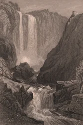 Vista das Cascatas de Marmore (Cascata delle Marmore) perto de Terni, Úmbria, Itália, gravura em metal aço segundo desenho de Samuel Prout (1783-1852), cerca de 15x11,5 cm