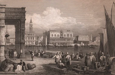 Vista da Bacia de Saint Mark em Veneza, Veneto, Itália, gravura em aço após desenho de Samuel Prout (1783-1852), cerca de 15x11,5 cm