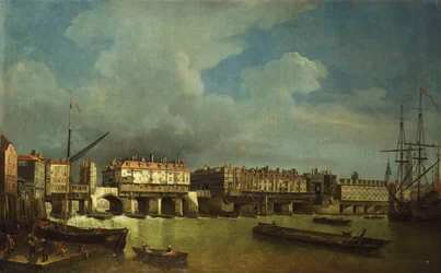 Uma vista da velha ponte de Londres com barcaças no Tamisa,